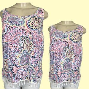 Pappagallo L Pink Artsy Print Scoop Neckline Pom-Pom Fringe Hem Sleeveless Top